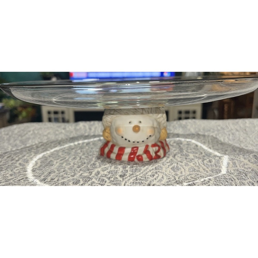 VTG Anchor‎ Hocking Snowman Cake Plate Pedestal Stand Christmas Holiday Glass